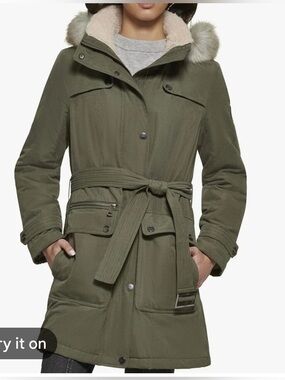 DKNY Olive Green Parka Coat with Faux Fur Hood